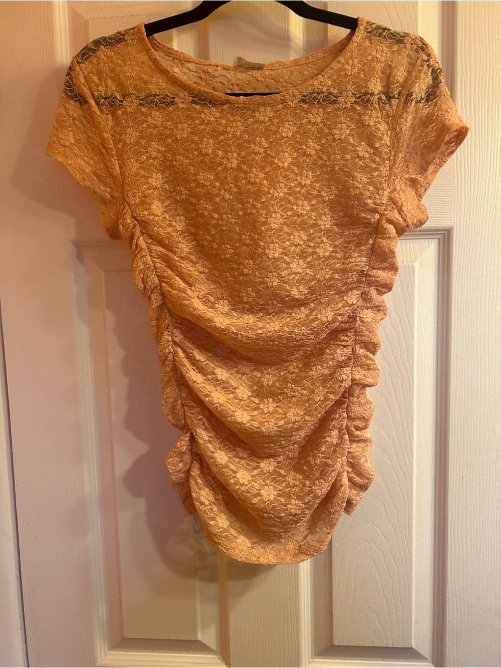 Intimately Free Peach Lace Ruched Short Sleeve Top